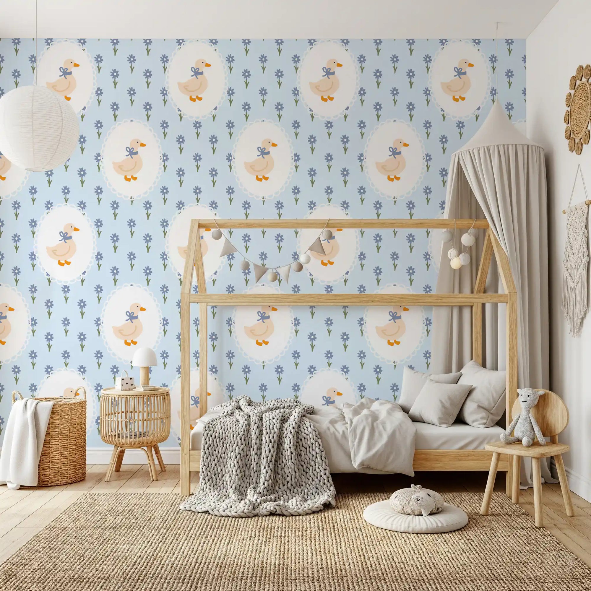 Bedroom Goose Cottage Floral Wallpaper with blue flowers and framed goose motif