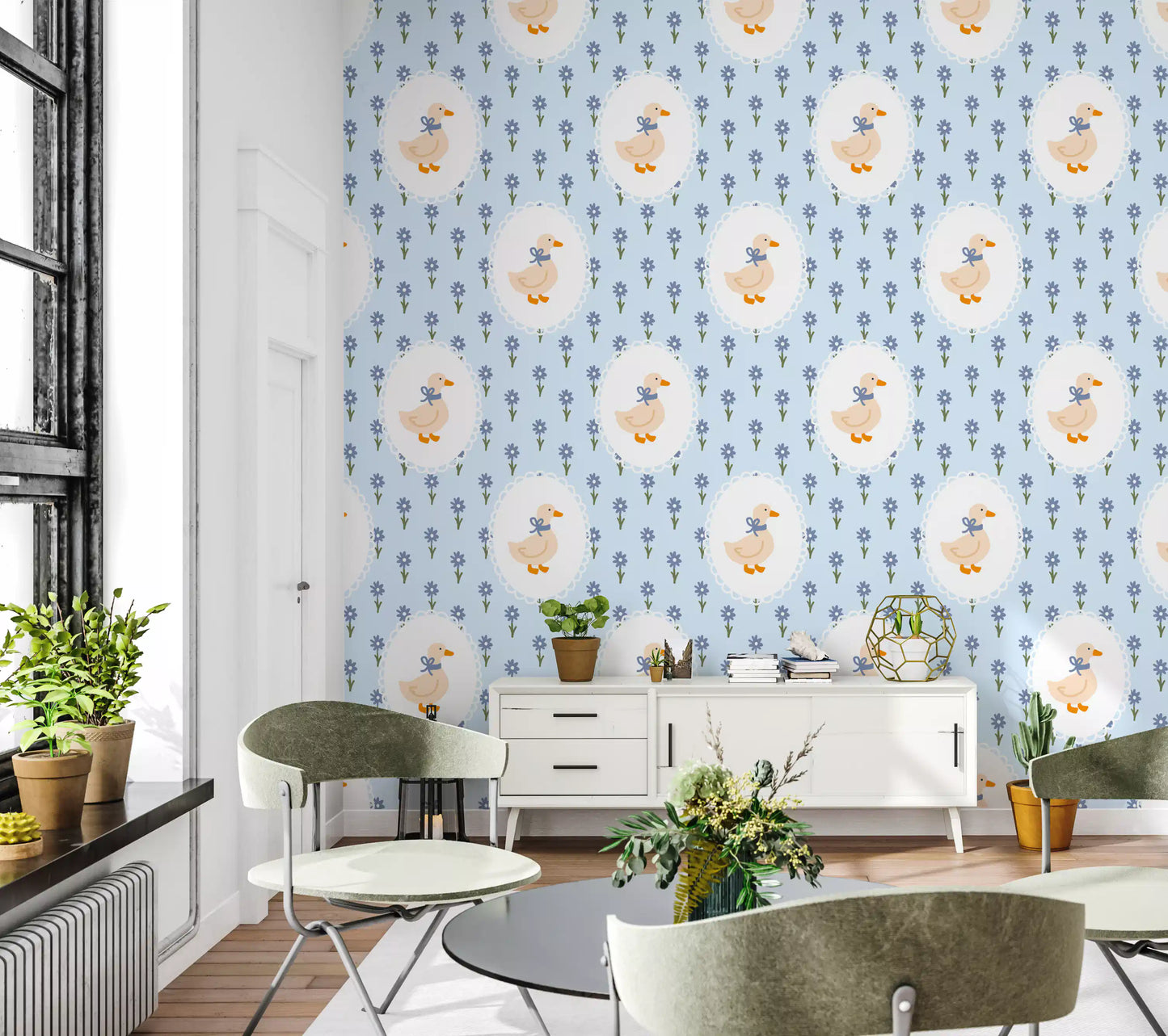 Goose pattern wallpaper with dainty flowers and decorative oval borders