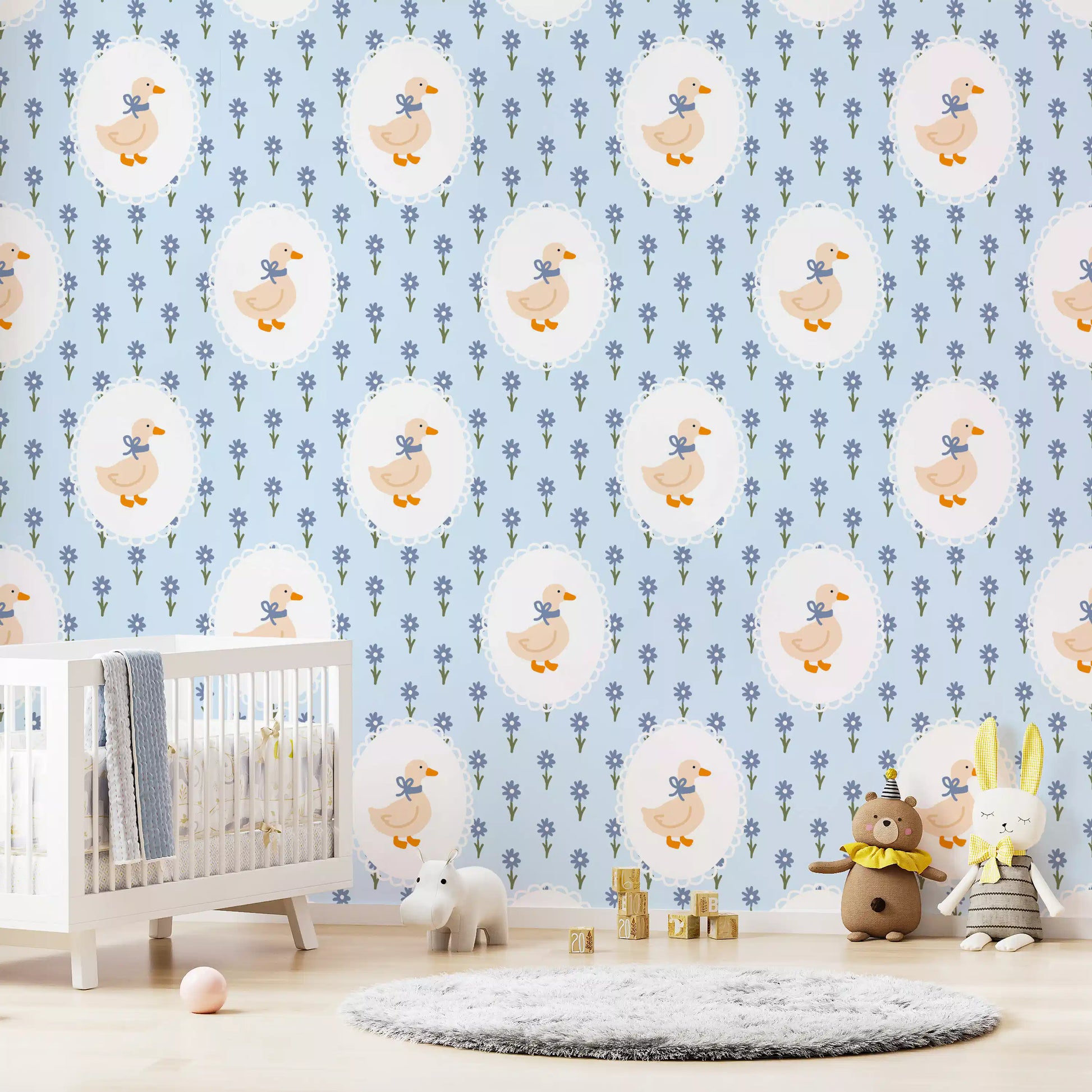 Kids room Floral Goose Wallpaper with oval frames and tiny blossom sprigs