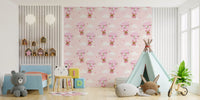 Cute kids wallpaper with floating bear illustrations and pink sky pattern