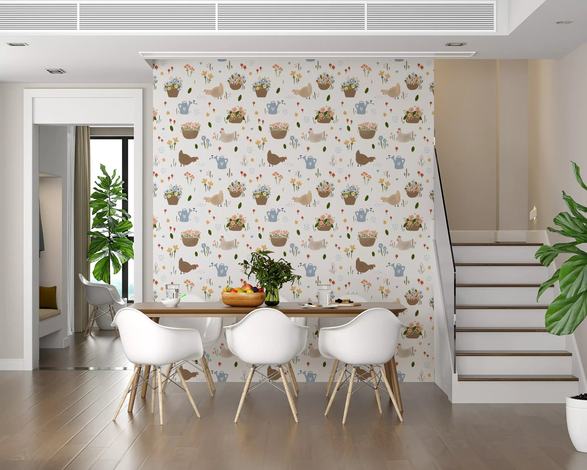 Cottage floral wallpaper with chickens, petals, and cheerful illustrated shapes