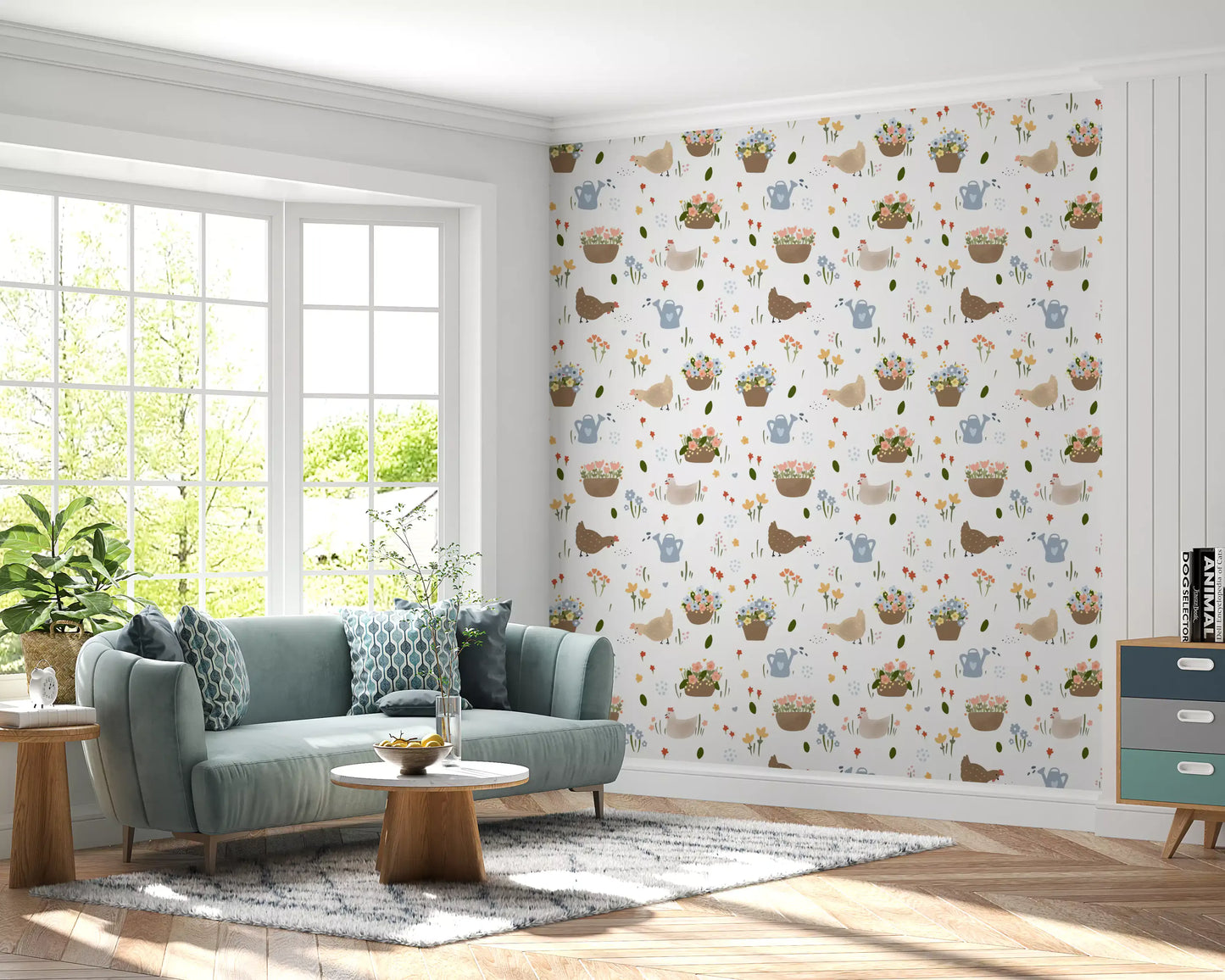 Whimsical wallpaper featuring hens, flowers, and soft countryside icons