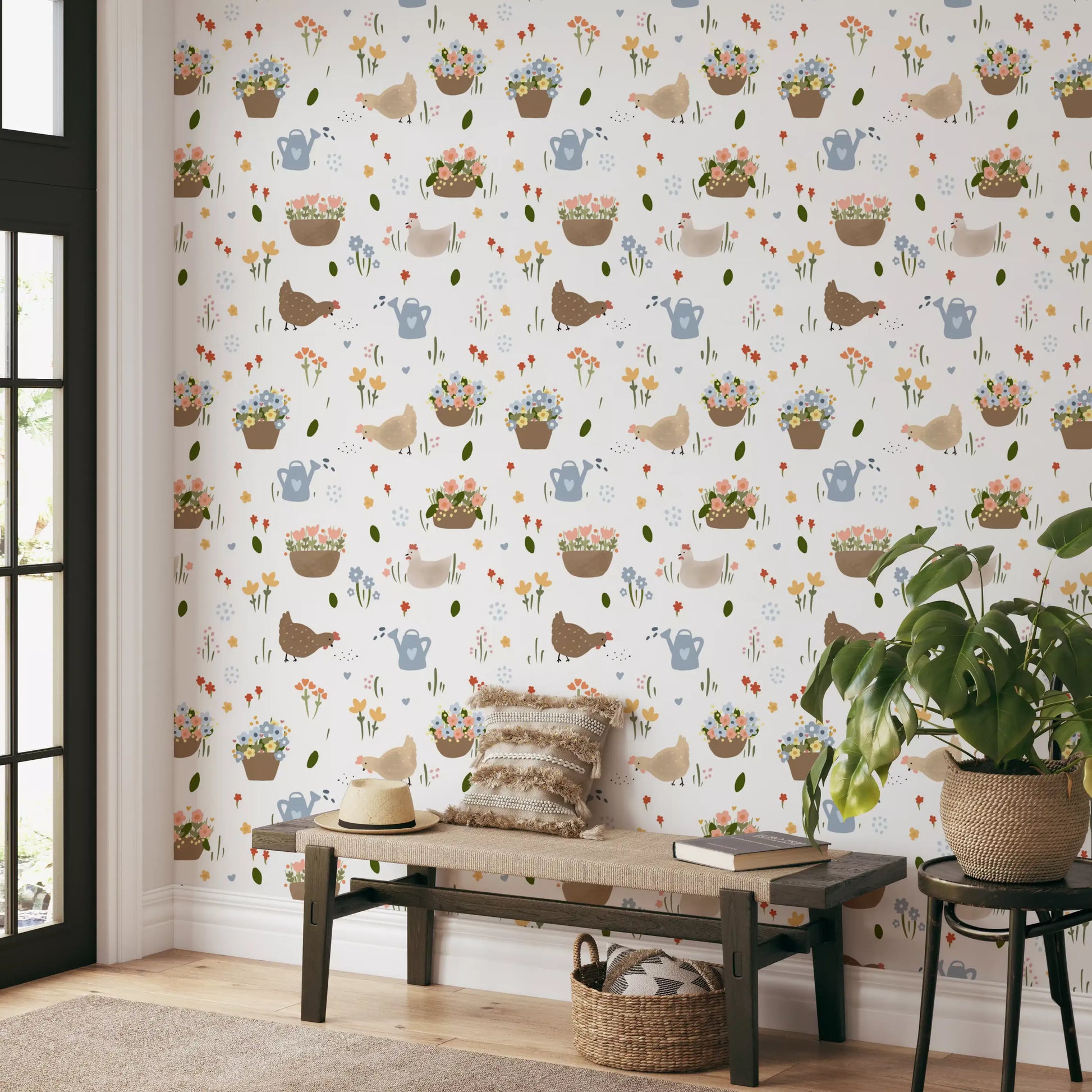 Whimsical Hen wallpaper with flower baskets and tiny pastel garden blooms