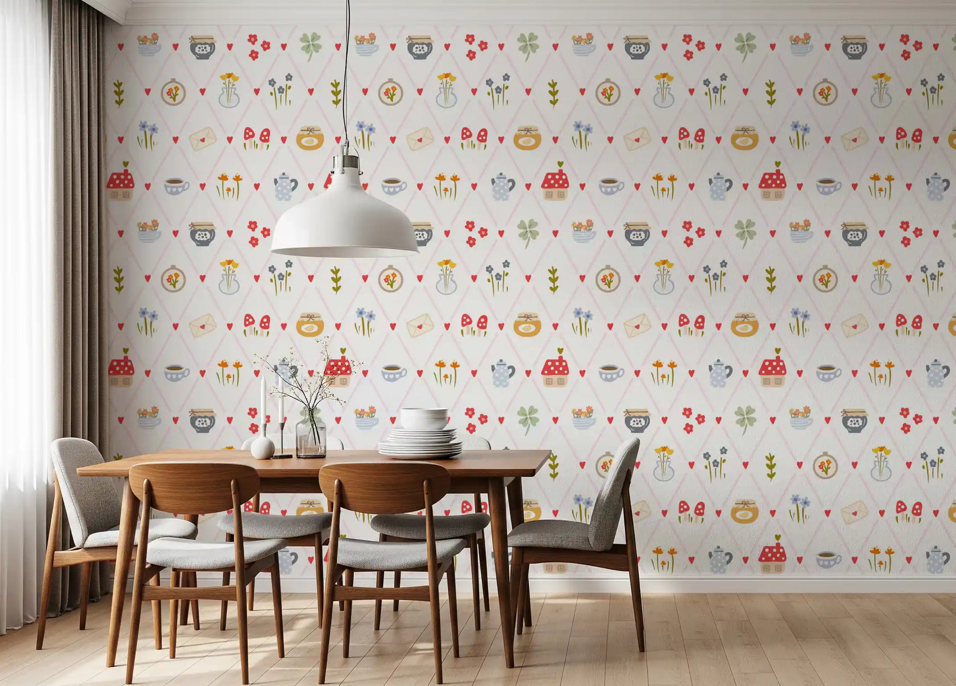 dining room wallpaper with Cozy Cottage florals, mushrooms, and tiny heart motifs
