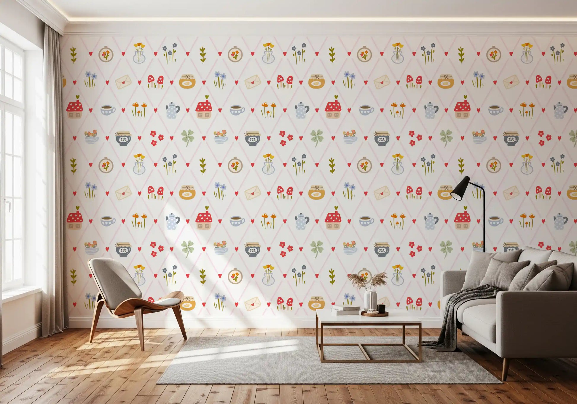 Reading nook wallpaper with teacups, letters, flowers, and cozy cottage pattern
