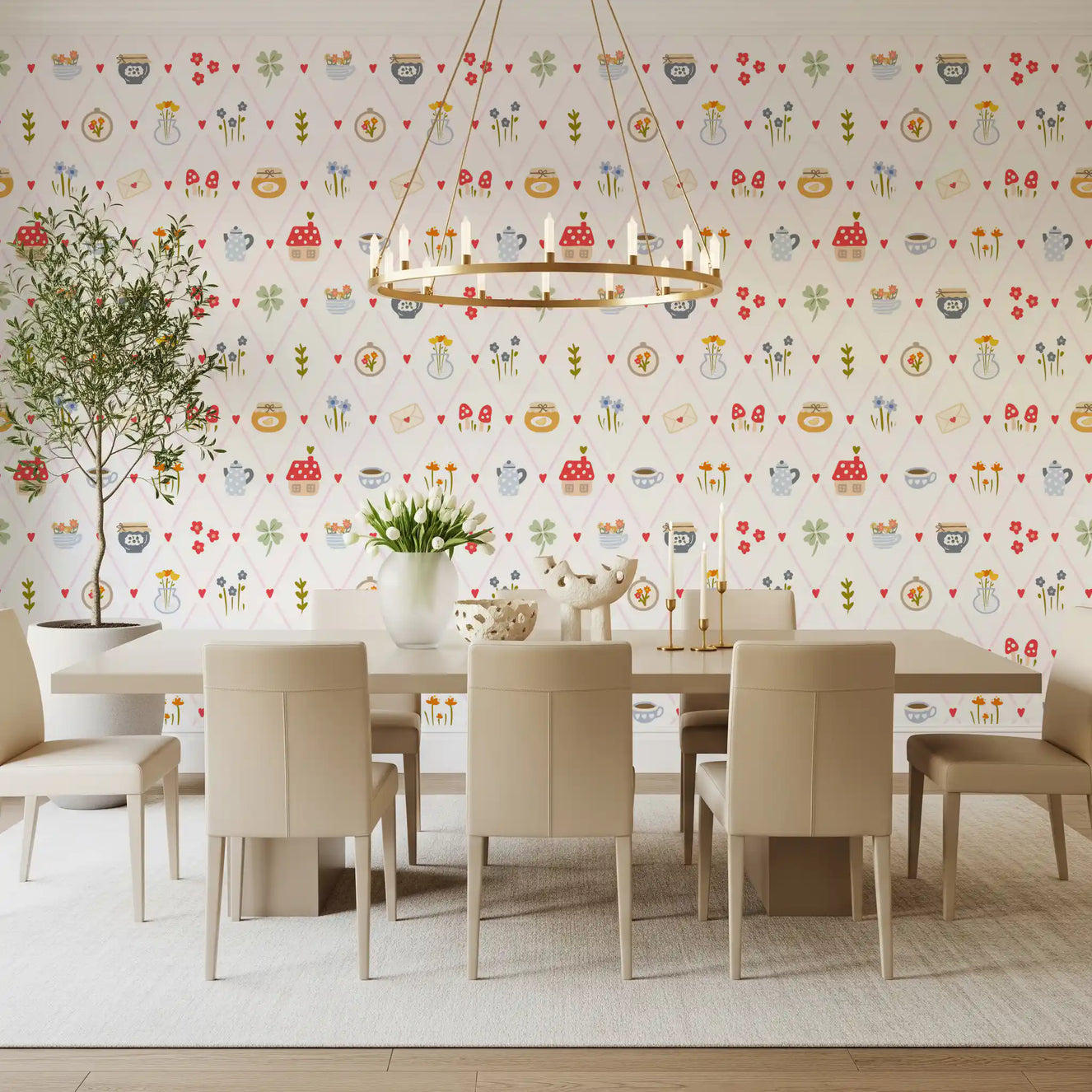 Dining room wallpaper with Cozy Cottage Charm hearts and floral lattice pattern