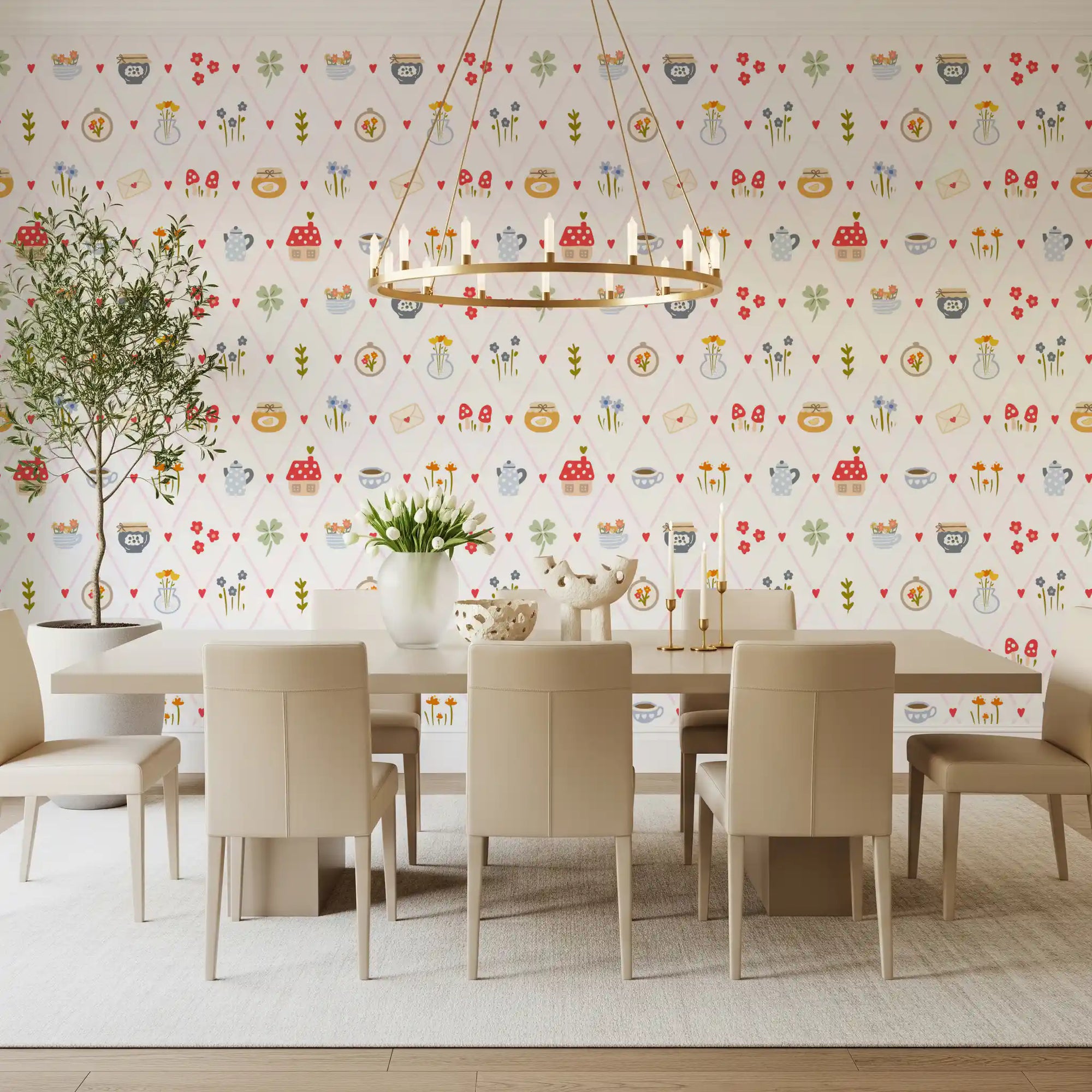 Dining room wallpaper with Cozy Cottage Charm hearts and floral lattice pattern