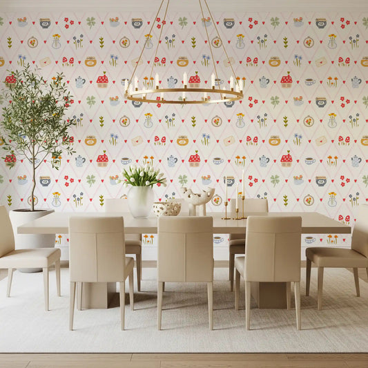 Dining room wallpaper with Cozy Cottage Charm hearts and floral lattice pattern