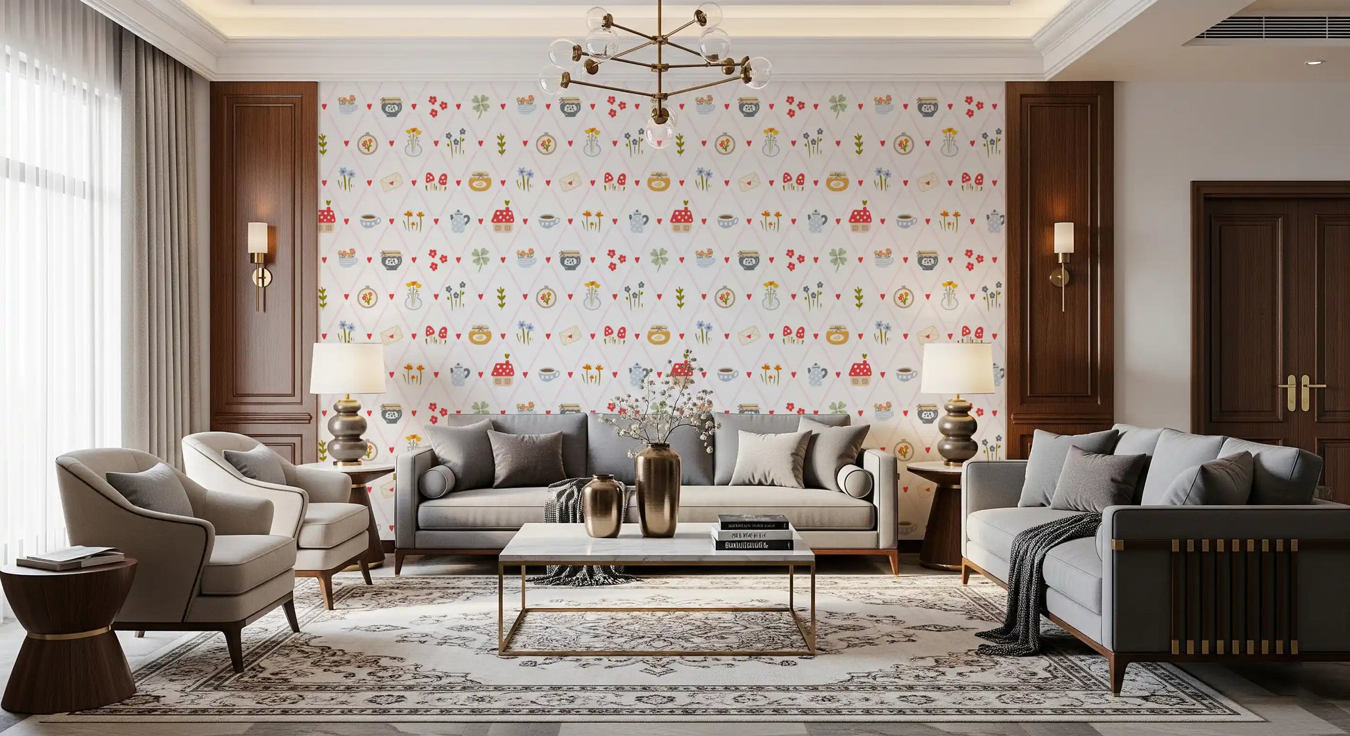 Sweet floral wallpaper showing teacups, tiny blossoms, and red heart accents