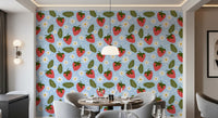 Café Dining lined with the red strawberry pattern of Berry Bloom wallpaper