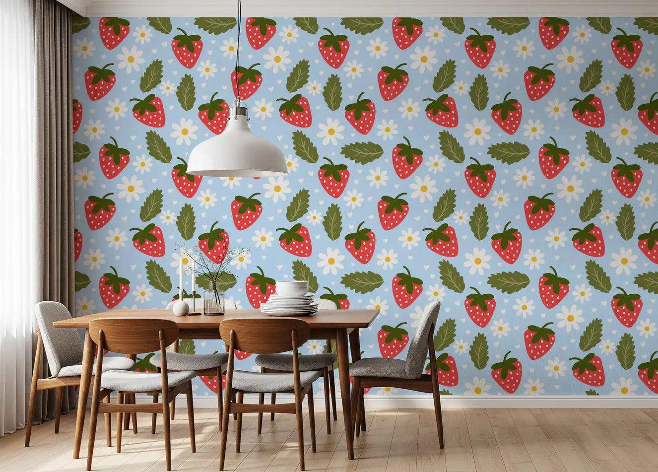 Sweet Berry Bloom wallpaper with strawberries and daisies in a dining room