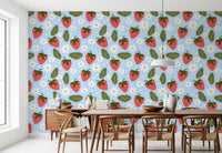 Berry Bloom wallpaper of hearts and green leaves across a kitchen dining area