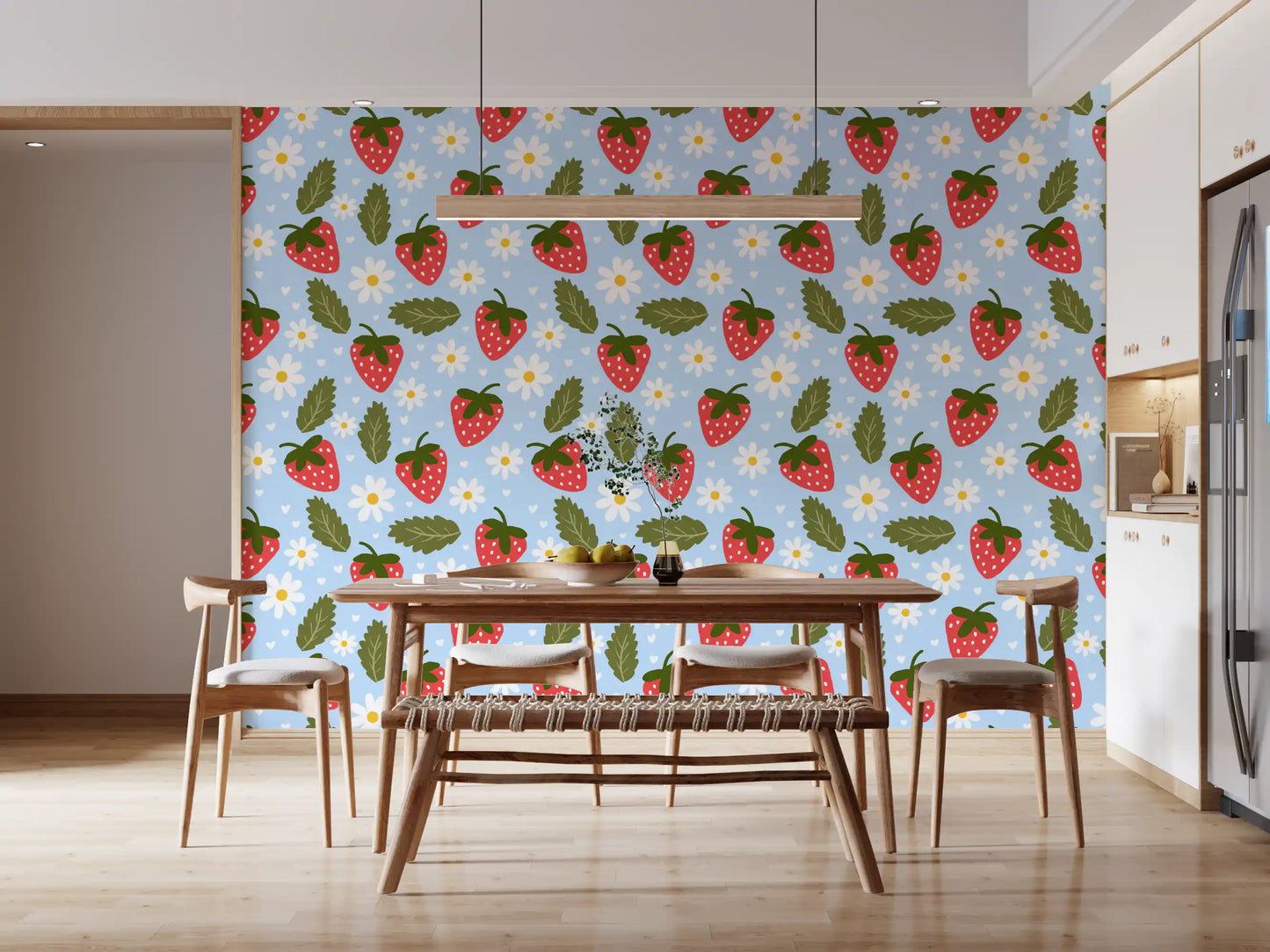 Repeating red strawberries and white daisies on Sweet Berry Bloom wallpaper