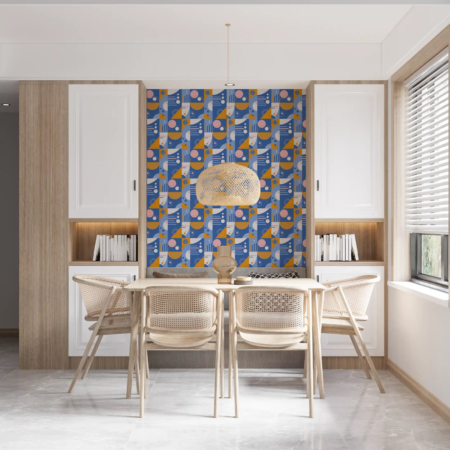 Retro Geo Blocks wallpaper tiling cobalt squares with mustard angular sections