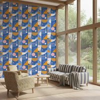 Living room surface covered in Retro Geo Blocks circle and stripe wallpaper