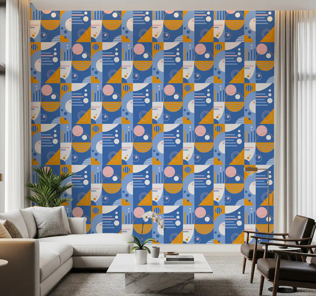 Retro Geo Blocks wallpaper with blue and orange geometric circles behind a living room 