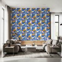 Cobalt and mustard Retro Geo Blocks wallpaper covering a lounge.