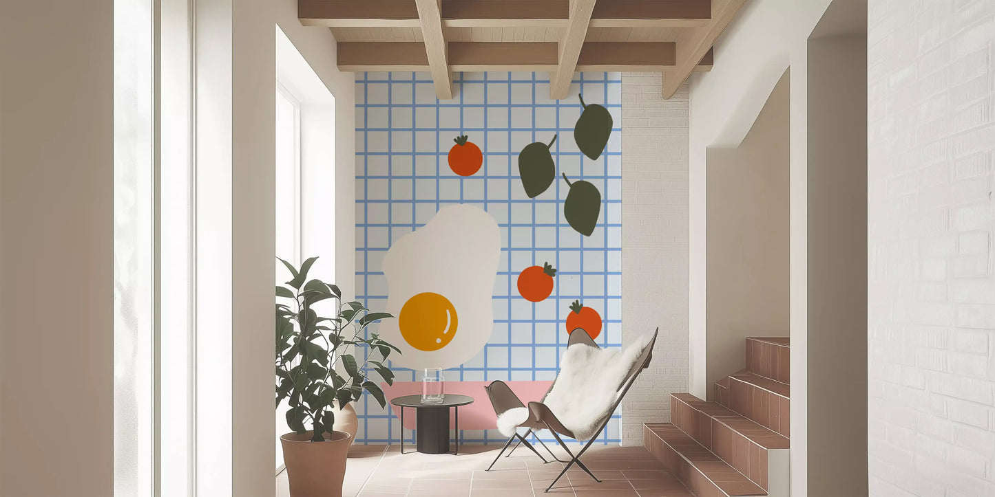 Brunch wall mural with fried egg and pink bowl in a Entryway