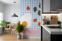 Kitchen and dining area lined with the Brunch wall mural on a blue check background