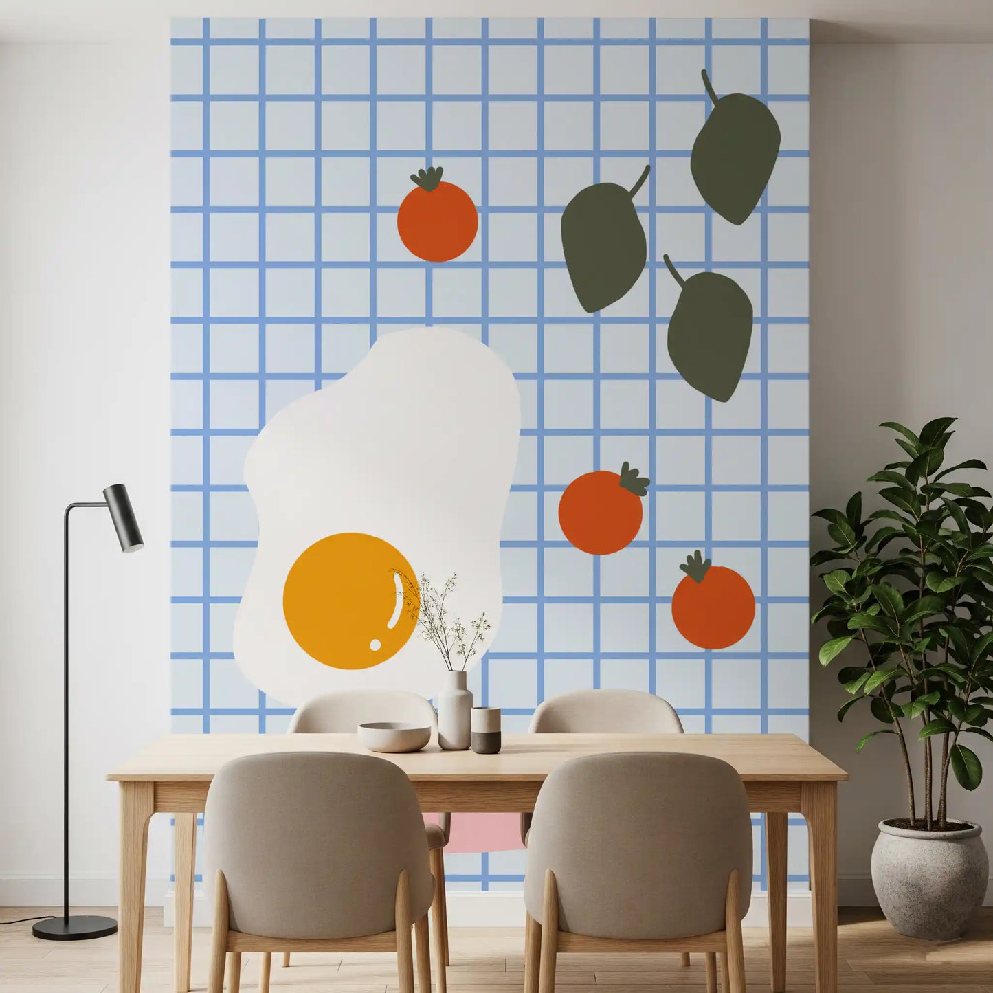 Dining room with the Brunch wall mural showing blue grid and basil