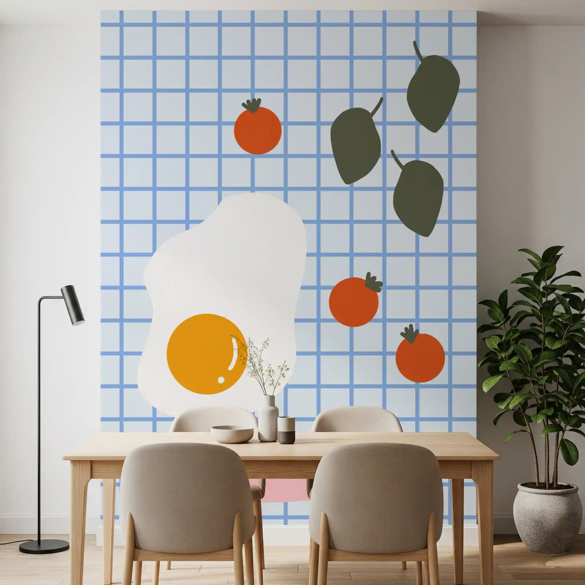 Dining room with the Brunch wall mural showing blue grid and basil
