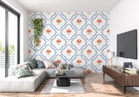 Hallway with Whimsical Mushroom Vines lattice wallpaper covering the area