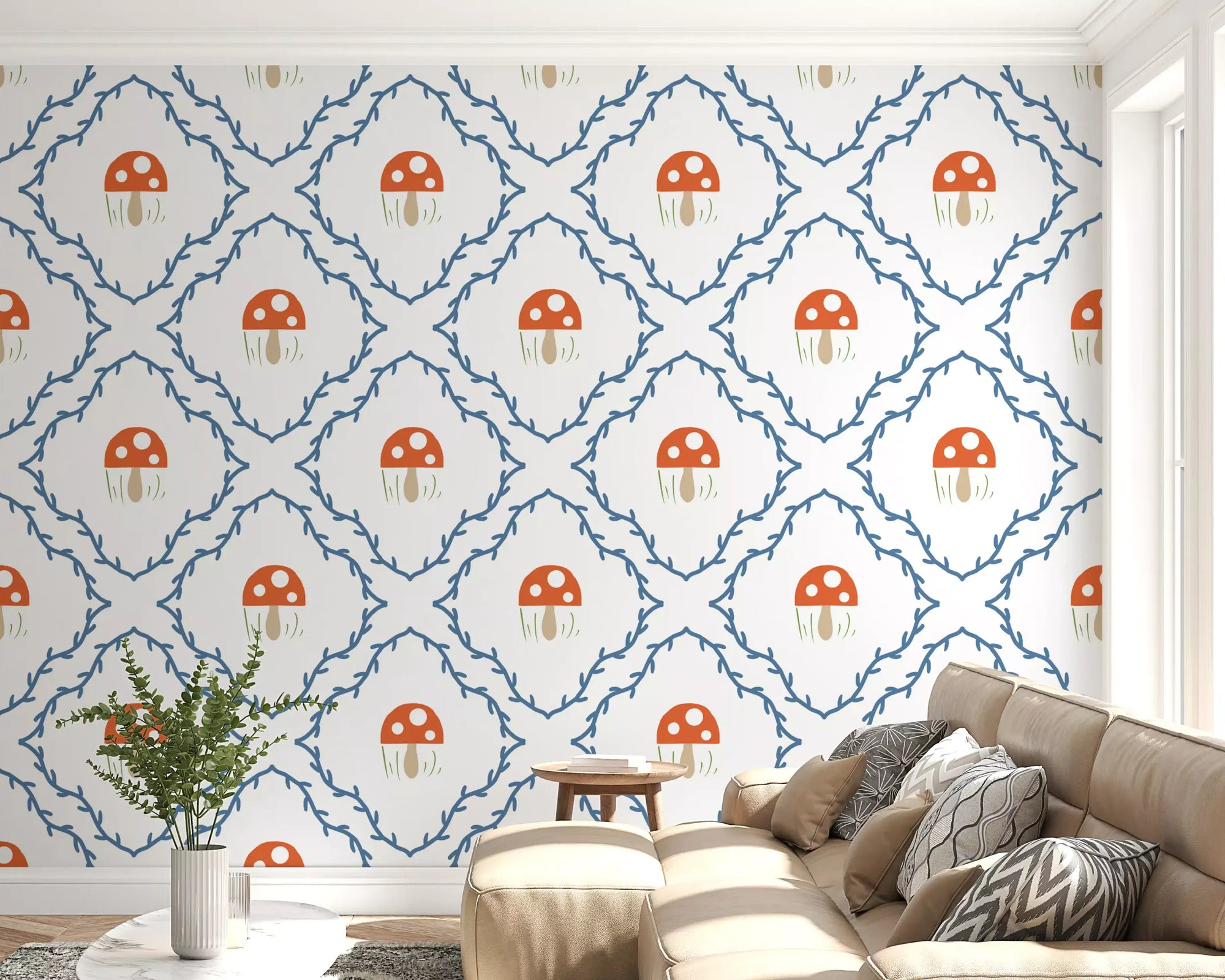 Whimsical Mushroom Vines wallpaper  Living room with toadstool lattice pattern