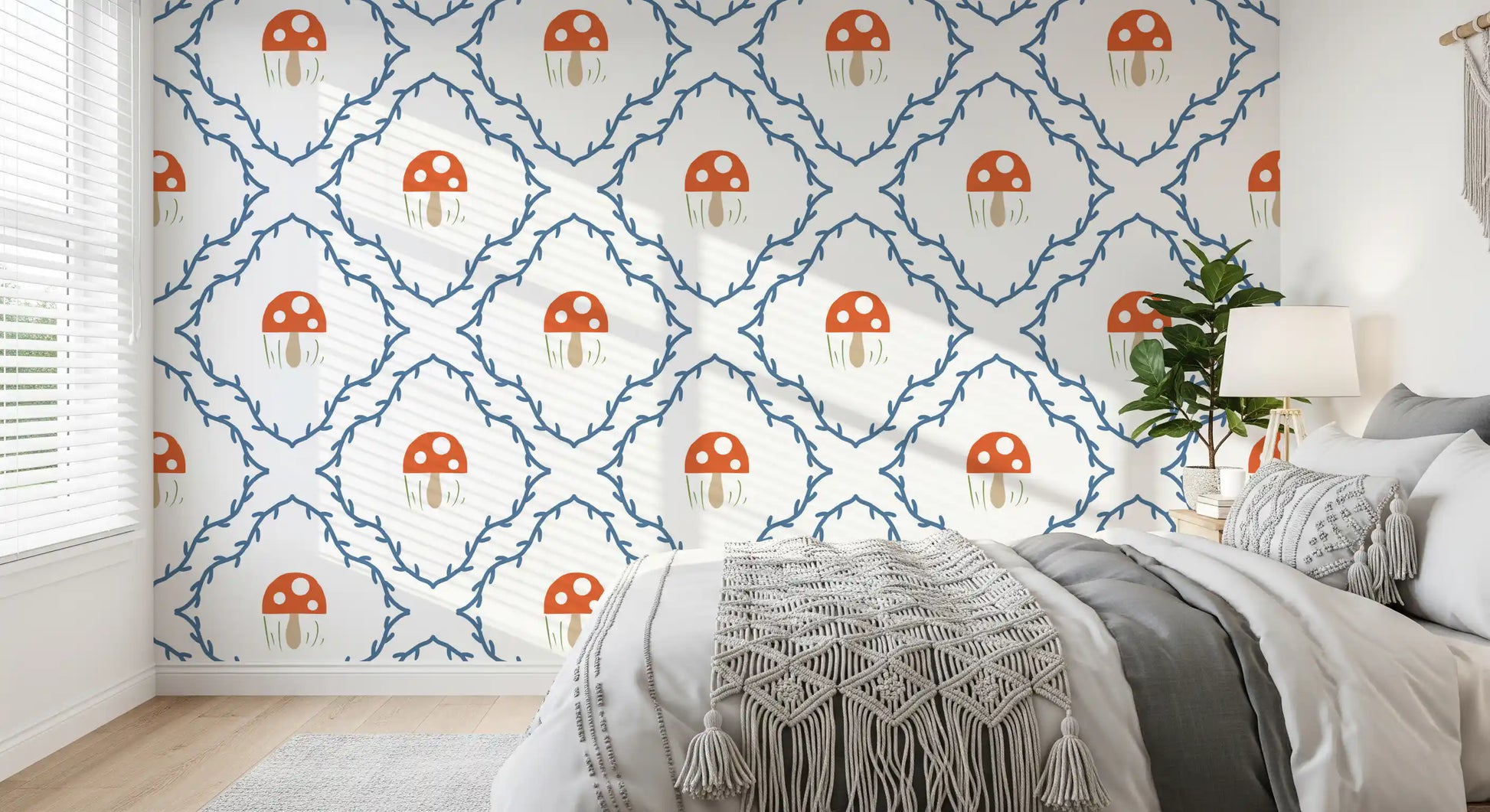 Blue branch lattice diamond shapes on the Mushroom Vines toadstool wallpaper