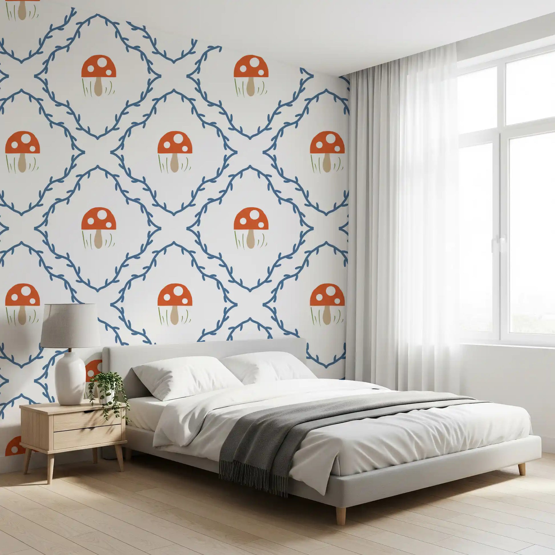 Orange-red mushroom with white spots centred in a vine on this patterned wallpaper