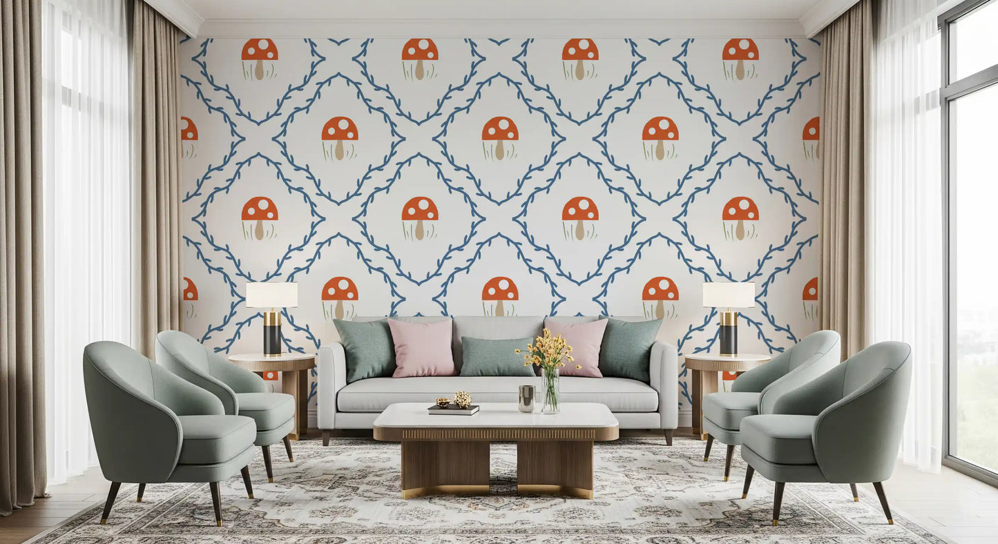 Red motifs inside blue vine frames on Whimsical Mushroom Vines wallpaper