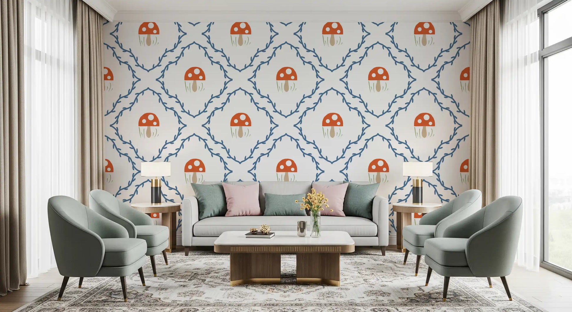 Red motifs inside blue vine frames on Whimsical Mushroom Vines wallpaper