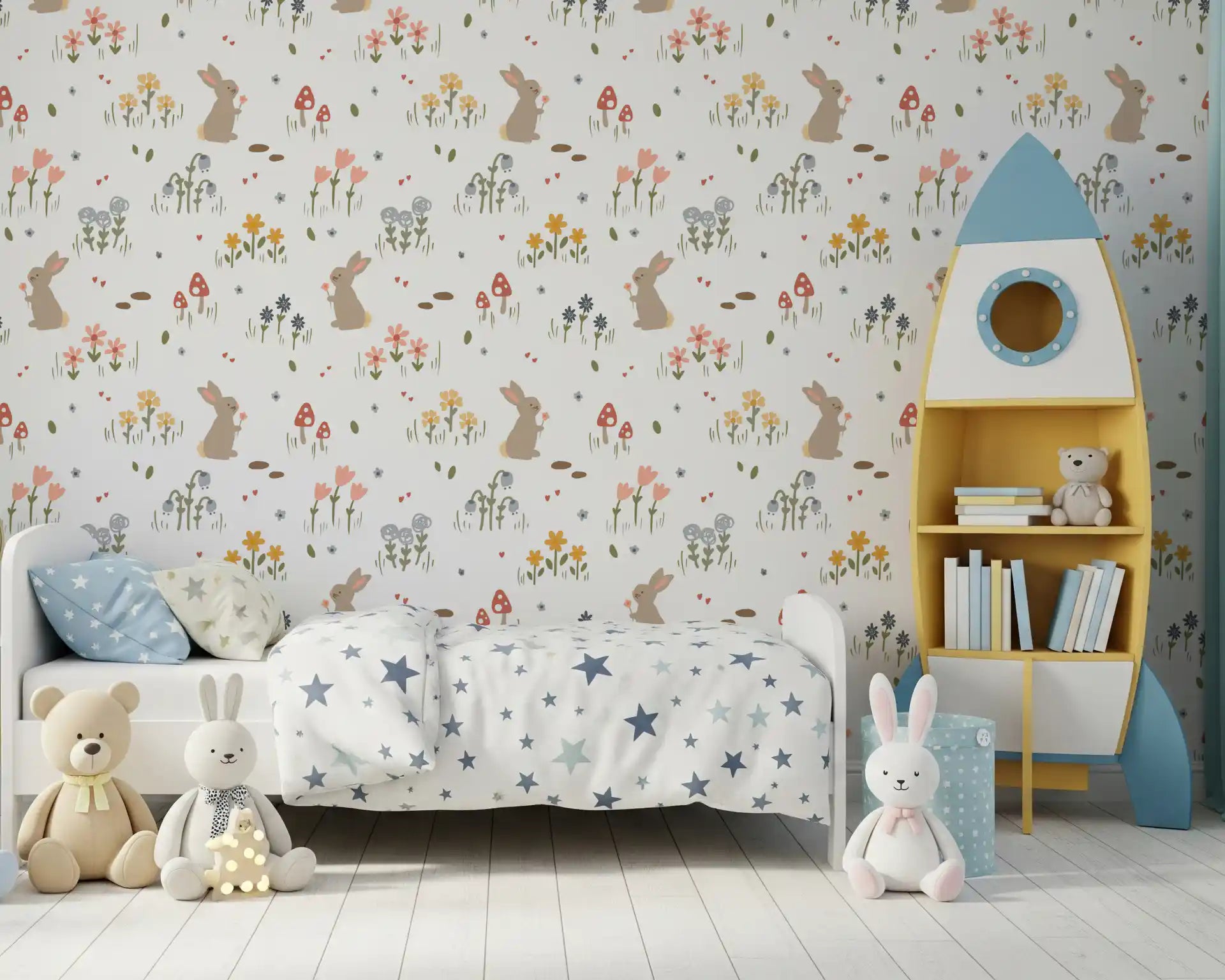 Repeating bunny and mushroom pattern on Sweet Meadow Bunnies wallpaper