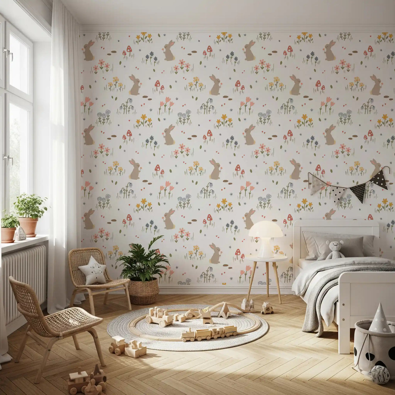 Nursery featuring the bunny and mushroom Sweet Meadow Bunnies wallpaper