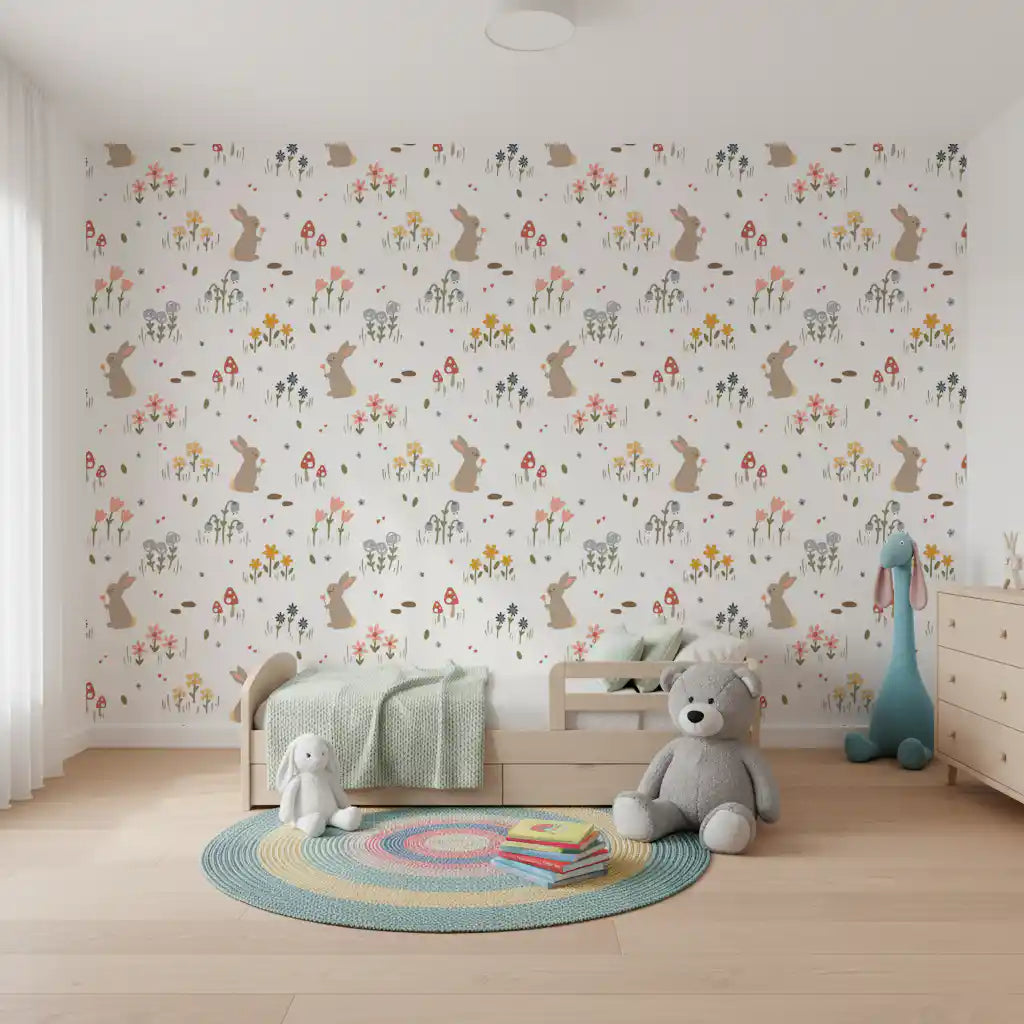 Peach and yellow blooms on Sweet Meadow Bunnies wallpaper in a nursery