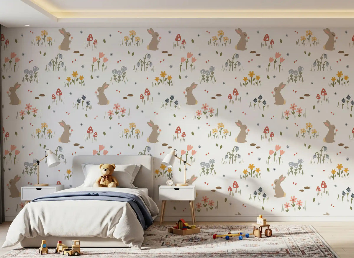 Sweet Meadow Bunnies wallpaper with rabbits and flowers in a kids' bedroom