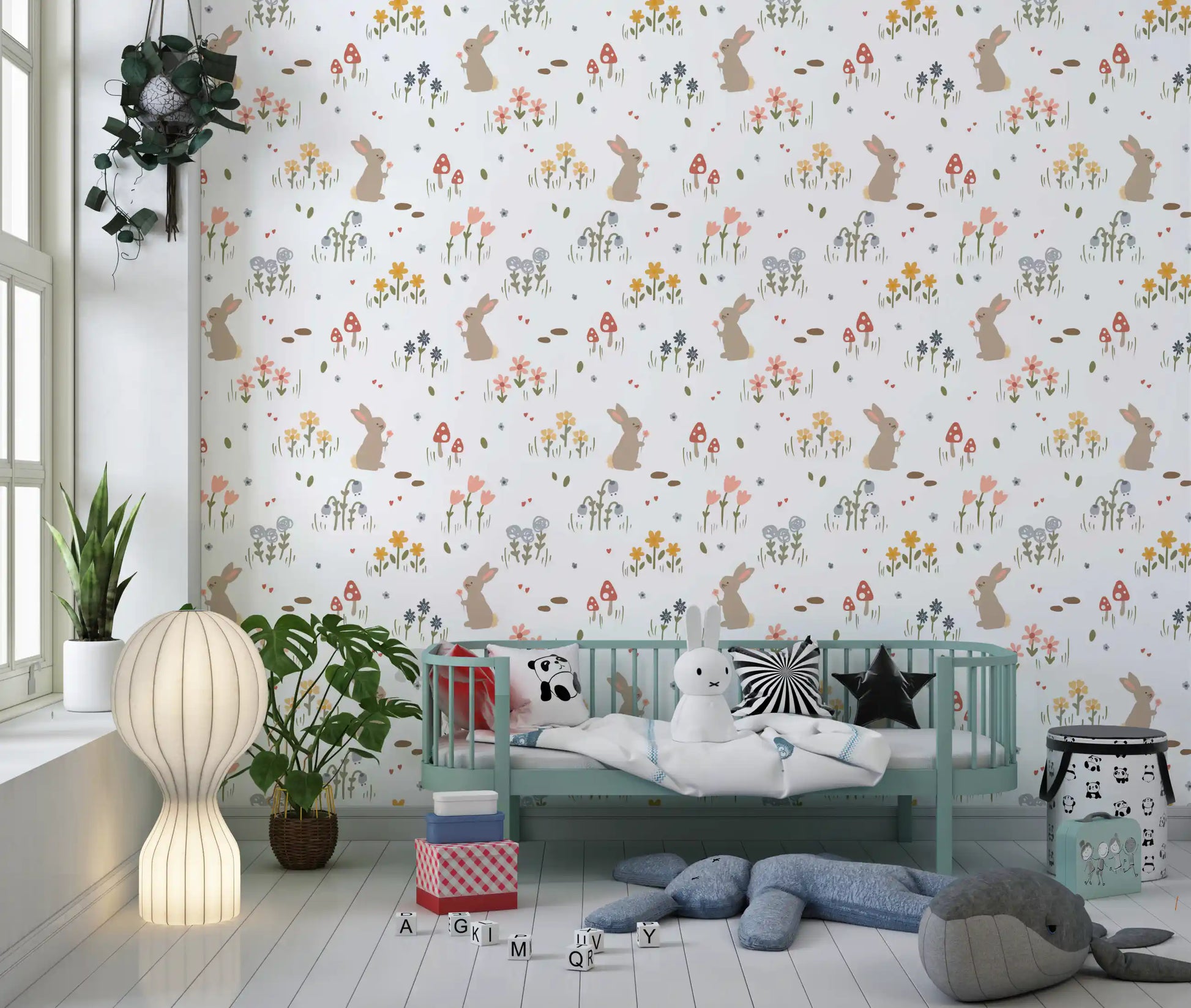 Sweet Meadow Bunnies wallpaper showing tan rabbits holding pink blooms
