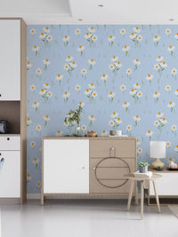 Hallway area featuring Daisy Dreams on Blue floral wallpaper panels