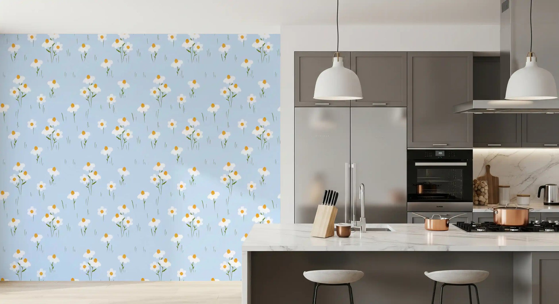 Kitchen and dining room fitted with pale toned Daisy Dreams on Blue wallpaper