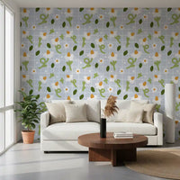 Curling green stems and olive ovals on Blue Grid floral wallpaper