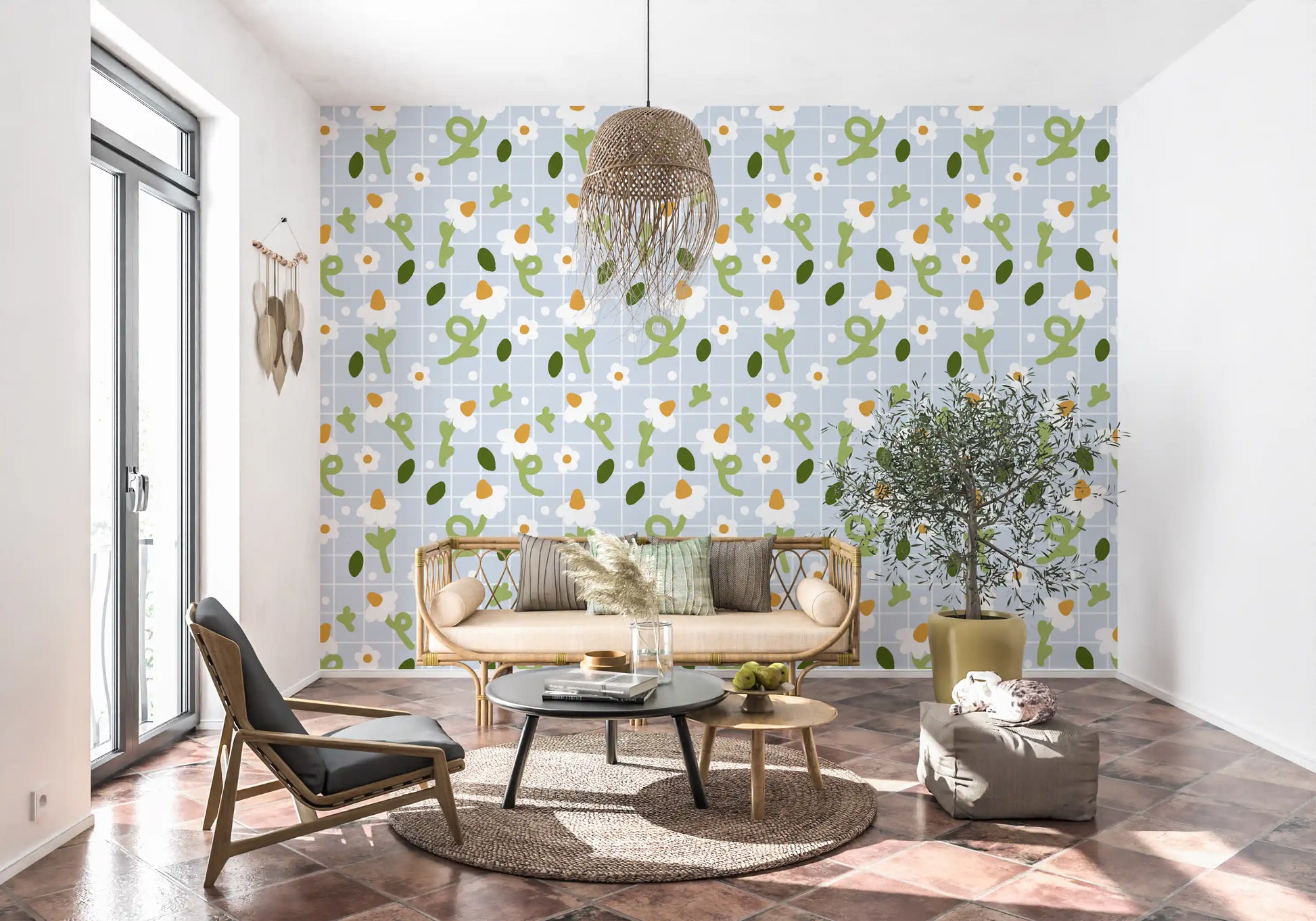 Casual Living room lined with Whimsical Daisies on Blue Grid wallpaper