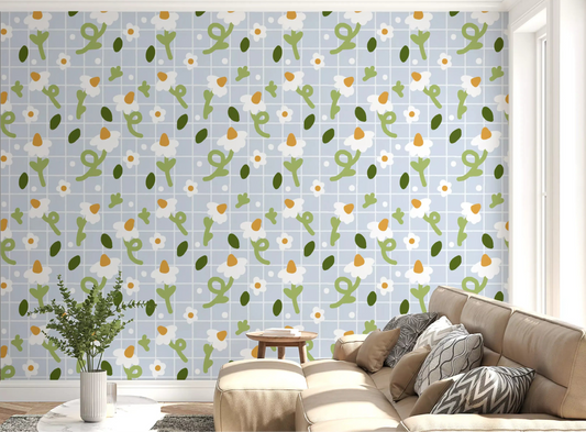 Whimsical Daisies on Blue Grid wallpaper behind a living room seating area