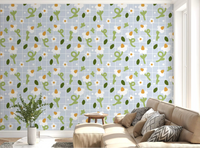 Whimsical Daisies on Blue Grid wallpaper behind a living room seating area