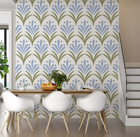 Art Deco Floral wallpaper with blue fan motifs in a bright dining room