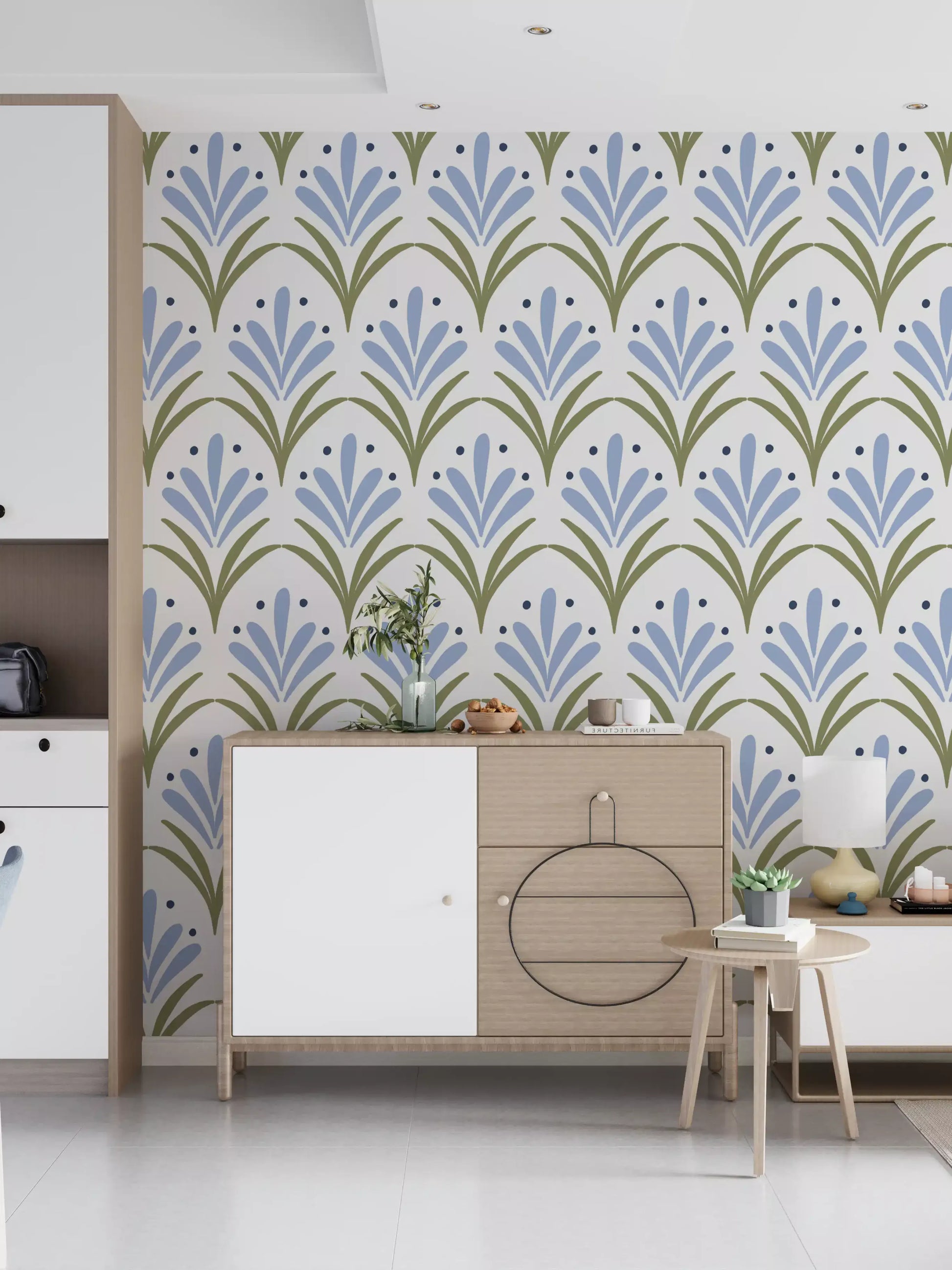 Blue petal fans and olive arches repeating on Art Deco Floral wallpaper
