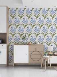 Blue petal fans and olive arches repeating on Art Deco Floral wallpaper