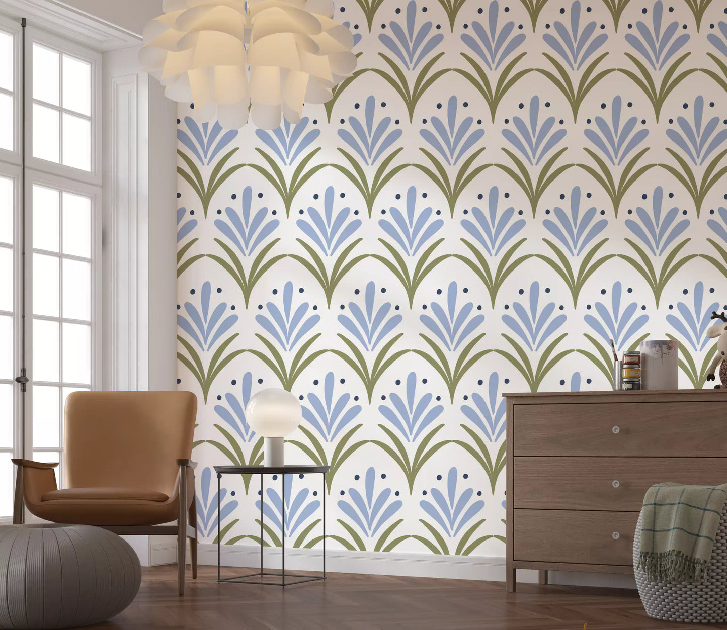 Scalloped row pattern of the Art Deco Floral wallpaper at full scale