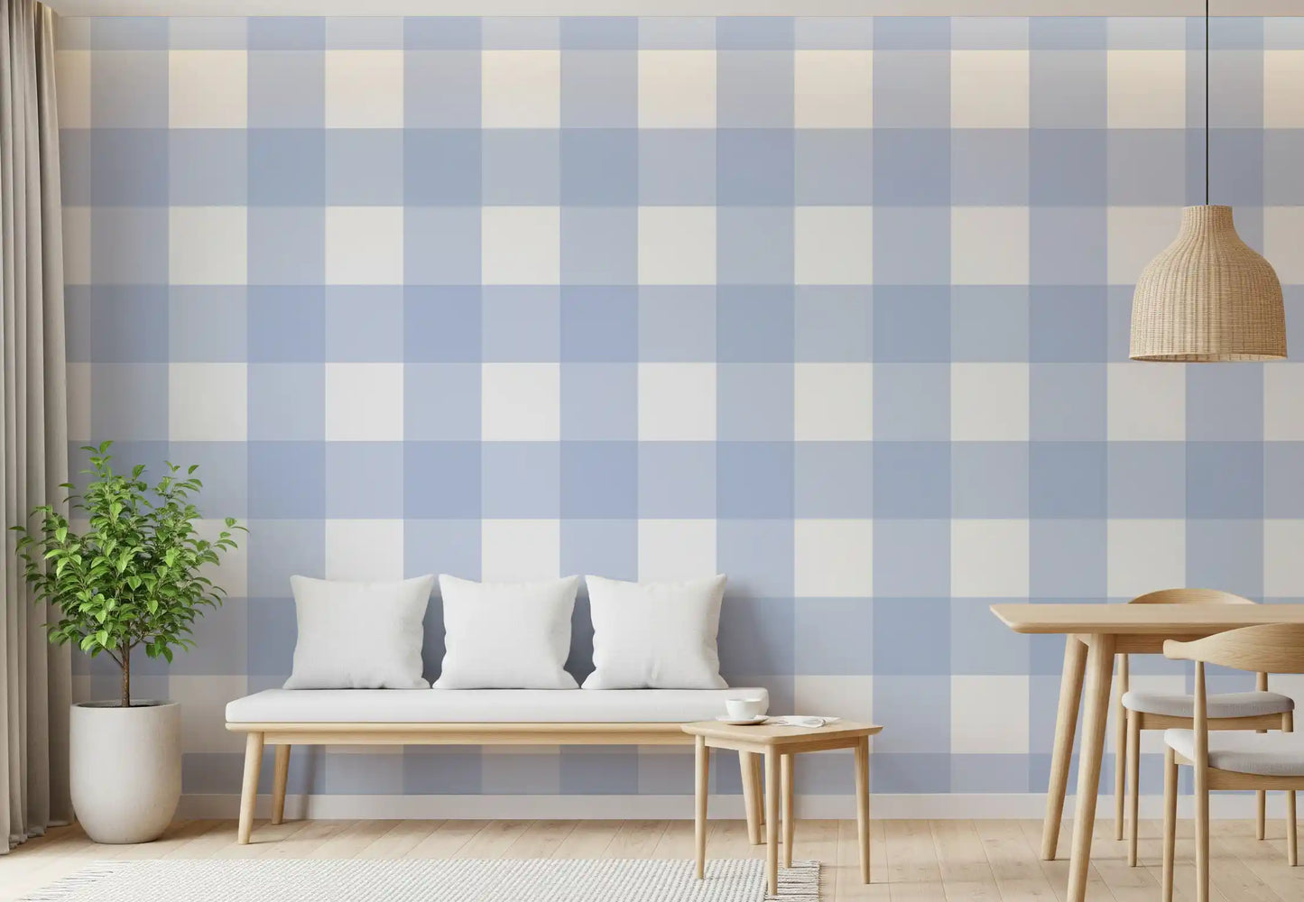 Periwinkle and white gingham repeat of Checkered Calm wallpaper