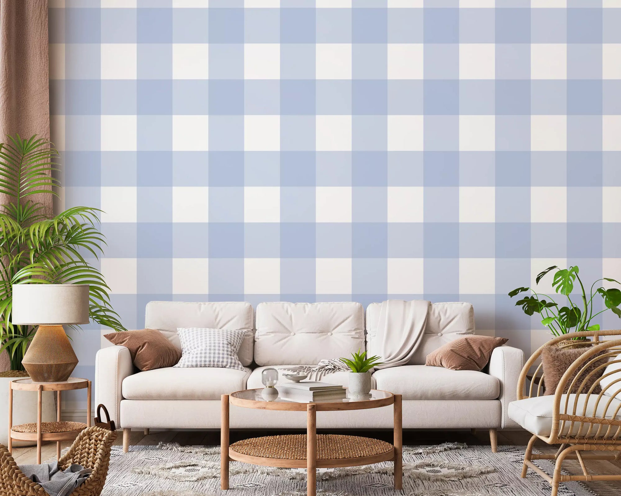 Crisp Blue Checkered Calm wallpaper covering a living room feature area