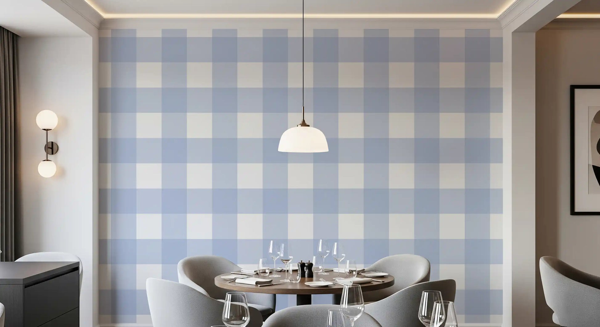 Dining room lined with blue plaid Checkered Calm wallpaper