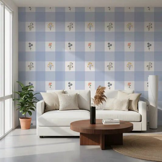 Floral Gingham wallpaper covering a living room with lavender check pattern